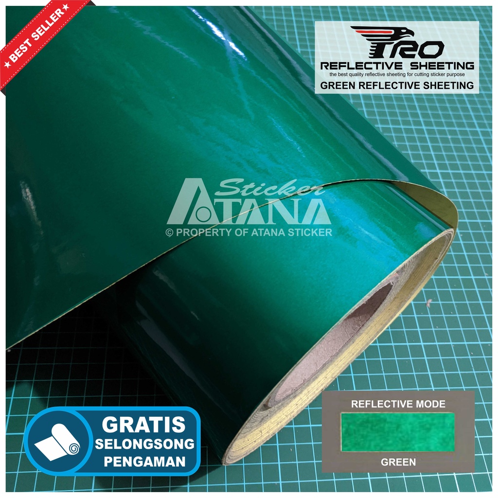 Bahan Stiker Cutting Hijau Skotlet Reflektif Fosfor Green Pro Reflective Sheeting Prolite Nyala Printing Sticker Material Scotchlite Scolite Scotlet Sechotlite Memantulkan Cahaya Flash Malam Hari Mata Kucing Mesin Plotter