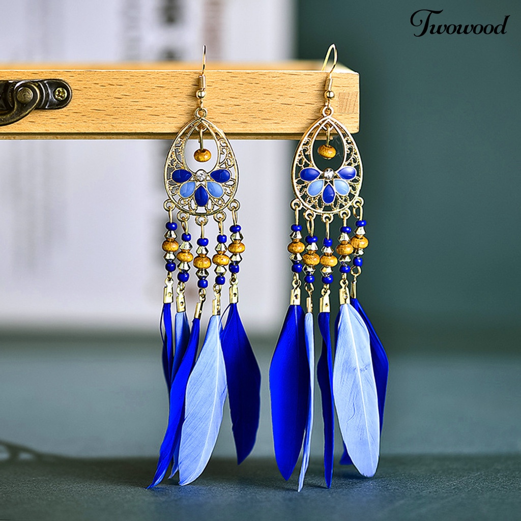 1 Pasang Anting Rumbai Panjang Aksen Bulu Bahan Kayu Gaya Bohemian Untuk Hadiah