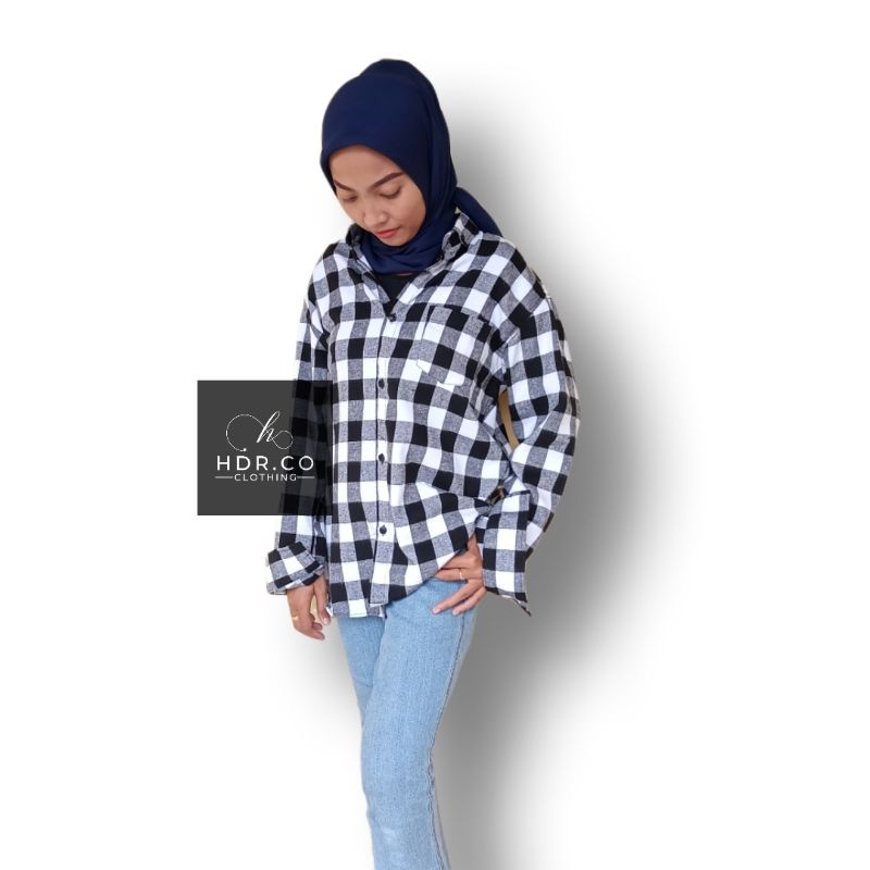 HDR.CO Kemeja Flanel Wanita distro Lengan Panjang Kemeja Flanel Kotak Kotak cewek jumbo