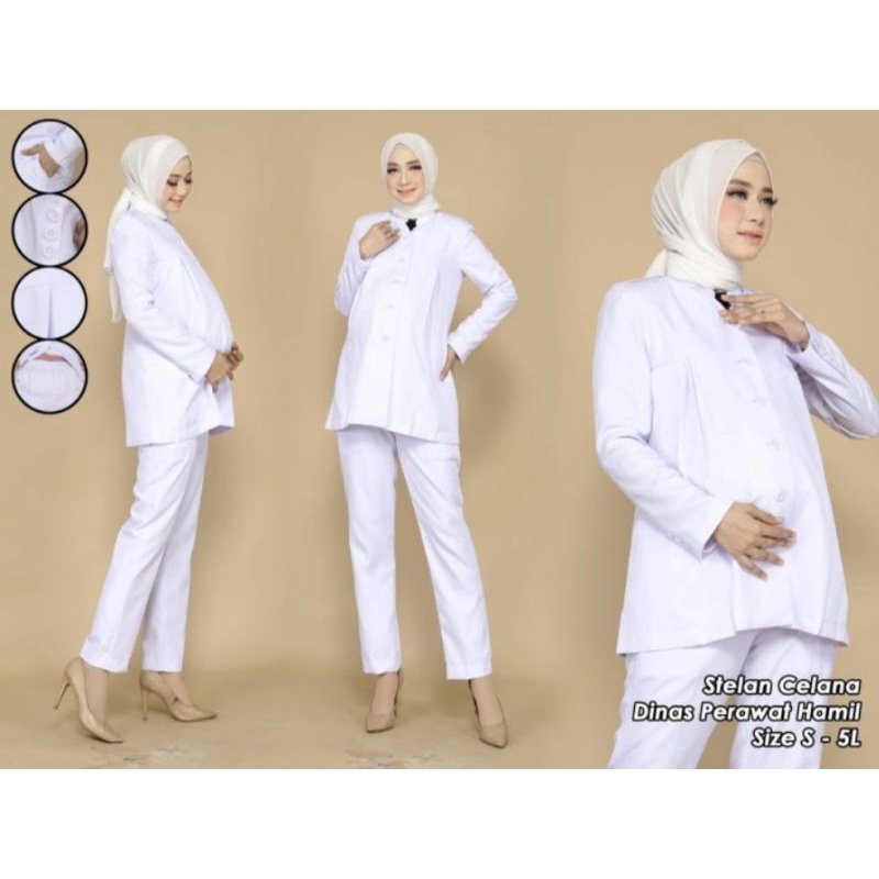 setelan baju hamil putih / baju hamil perawat/ seragam pemda hamil/setelan putih