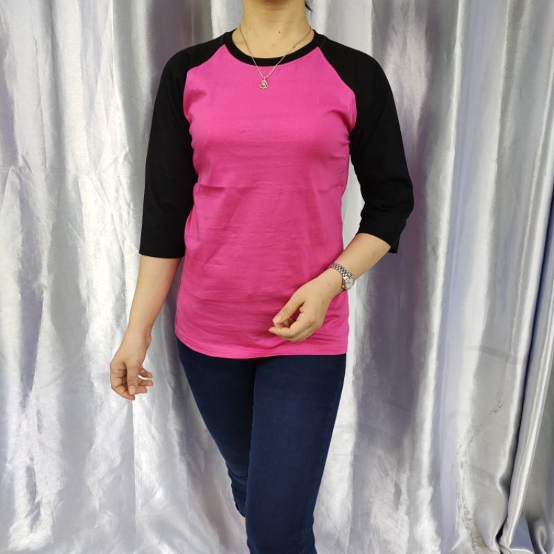 kaos polos reglan wanita (unisex) lengan 3/4 uk m l xl xxl-Pink/hitam 3/4