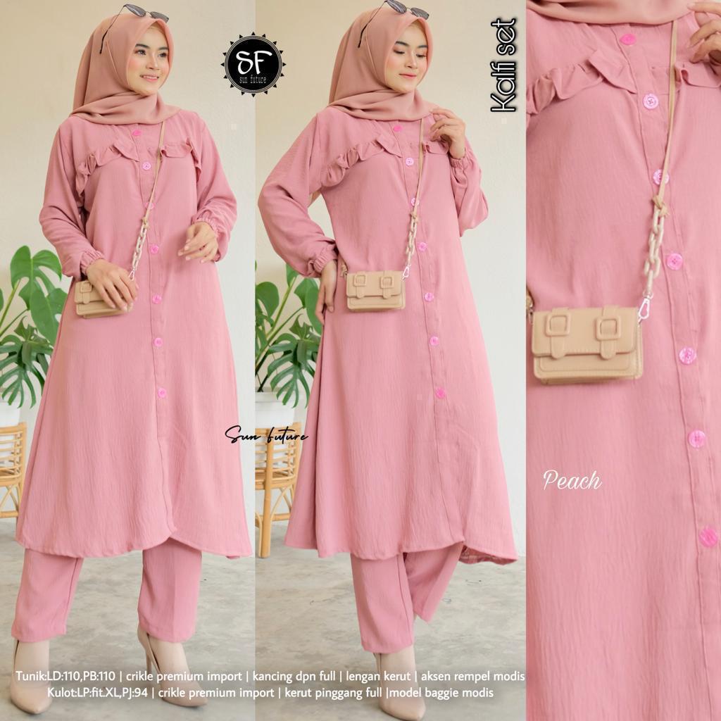 (NEW) Kalfi Set/Setelan Tunik Panjang Dan Celana Crikle Premium Import Jumbo/Atasan Top Kemeja Blus 