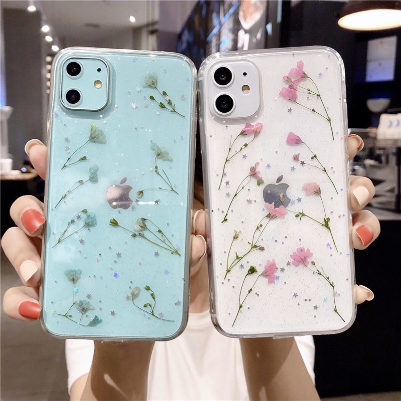 Blue Dried Flower Case Samsung A7 A9 2018 A6 A8 plus J4 J6 S9 V7 S10 S22 S21 Ultra A52 A72 A32 A11 A22 A53 A73 A21 A21s