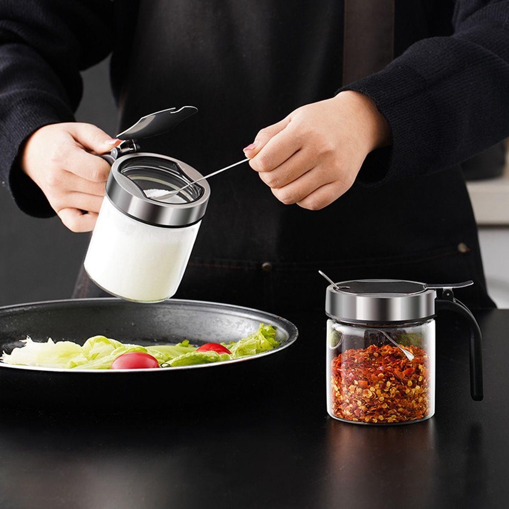 [Elegan] Toples Bumbu Garam Gula Dengan Sendok Organizer Stainless Steel Anti-Moisture Condiment Pot