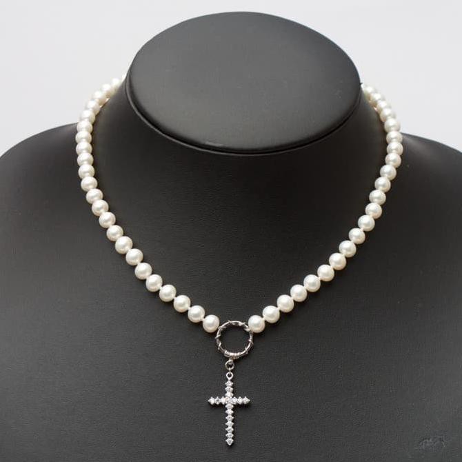 Kalung Fashion Wanita Mutiara Liontin Salib Y44 Keren