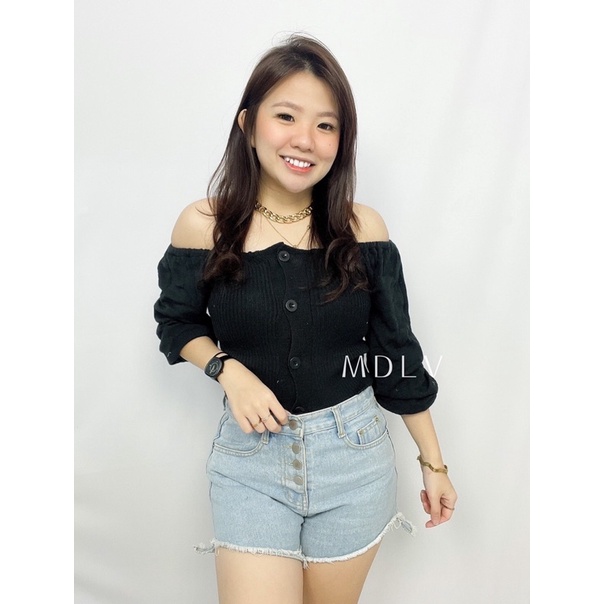 MDLV ~ BAJU RAJUT CROP BUTTON ANGEL // SABRINA CROP RAJUT // FASHION WANITA