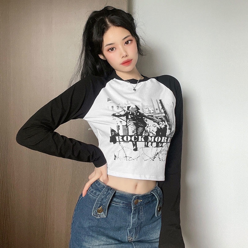 Suhao American Top Rapcopter American Print T-Shirt Wanita Lengan Panjang Raglan Lengan Ramping Atas