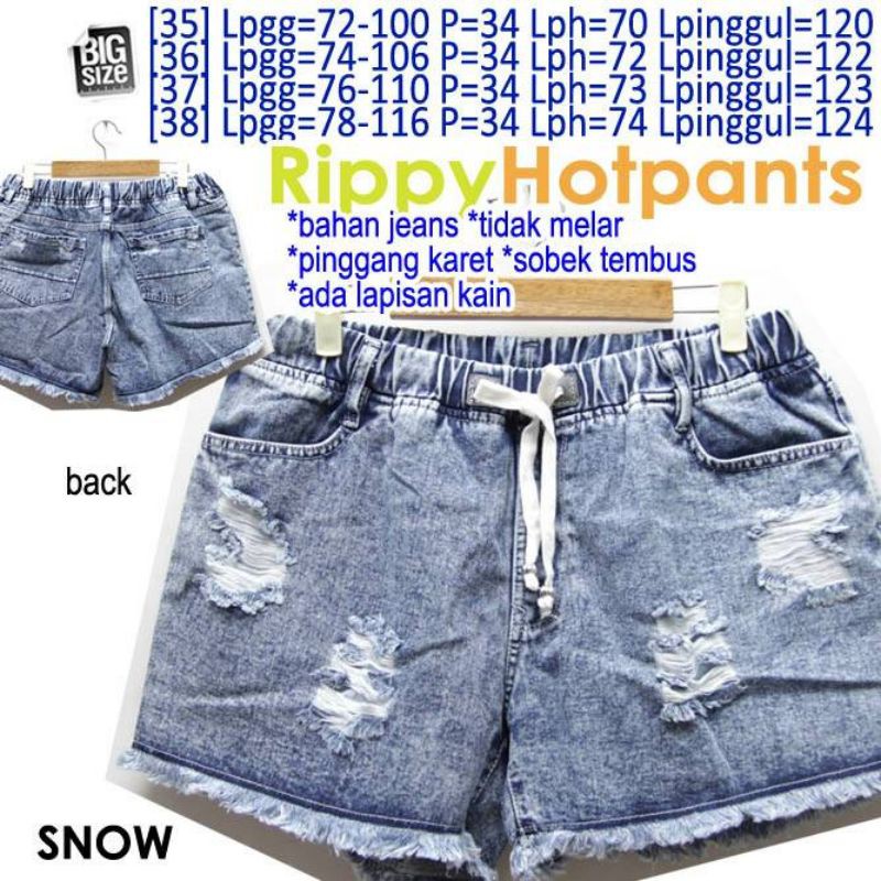 Rippy Hotpants (SNOW) CELANA PENDEK JEANS WANITA SOBEK TIDAK TEMBUS SUPER JUMBO BIG SIZE 35 36 37 38