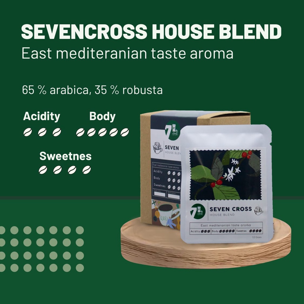 

Kopi Arabica Robusta SEVEN CROSS HOUSE BLEND - 1 SACHET Drip Bag