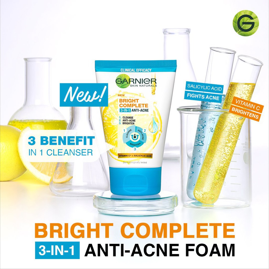 (INEED) GARNIER Bright Complete 3-in-1 Anti Acne Facial Foam 90ml - Garnier 3 in 1 Anti Acne Foam