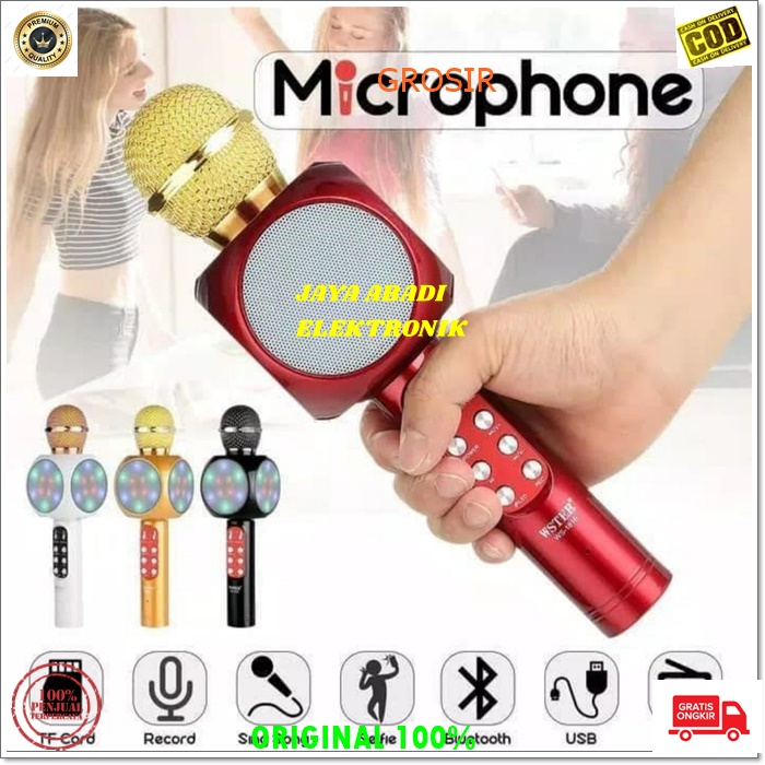 J123 WSTER MIC BLUETOOTH MUSIK USB MP3 SMULE MAGIC KARAOKE NARSIS ECHO MUSIC MICROPHONE VOCAL KTV SYSTEM CASAN WIRELESS SPEAKER MINI PORTABLE USB MUSIK SOUND VOKAL JERNIH DAN ENTENG MIC PLAYER ADA OUTPUT UNTUK SPEAKER BESAR BISA BLUETOOTH KE SEGALA HP