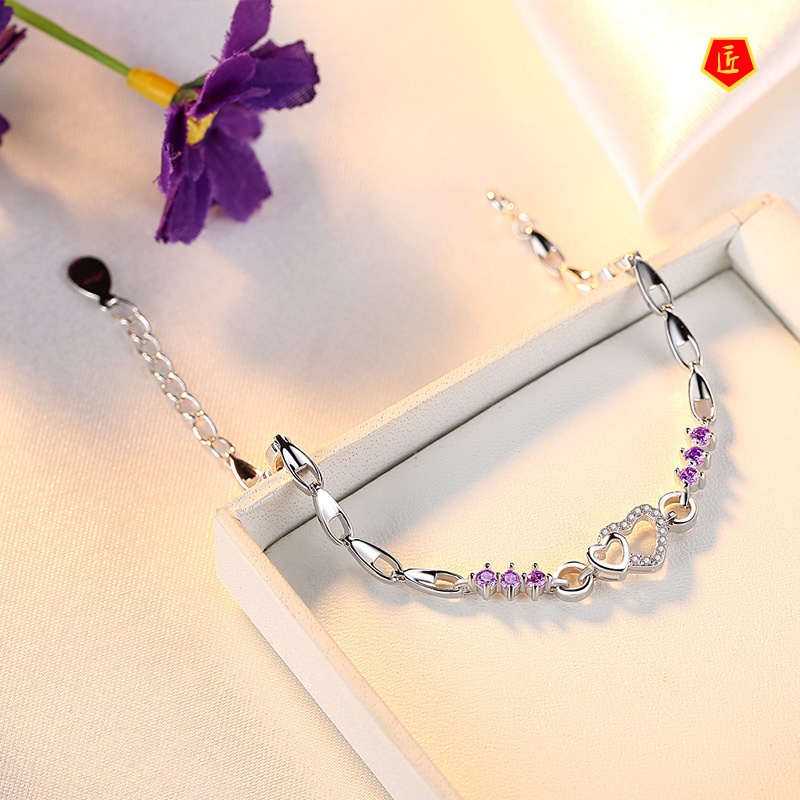 [Ready Stock]Creative Heart-Shaped Amethyst 925 Silver Bracelet