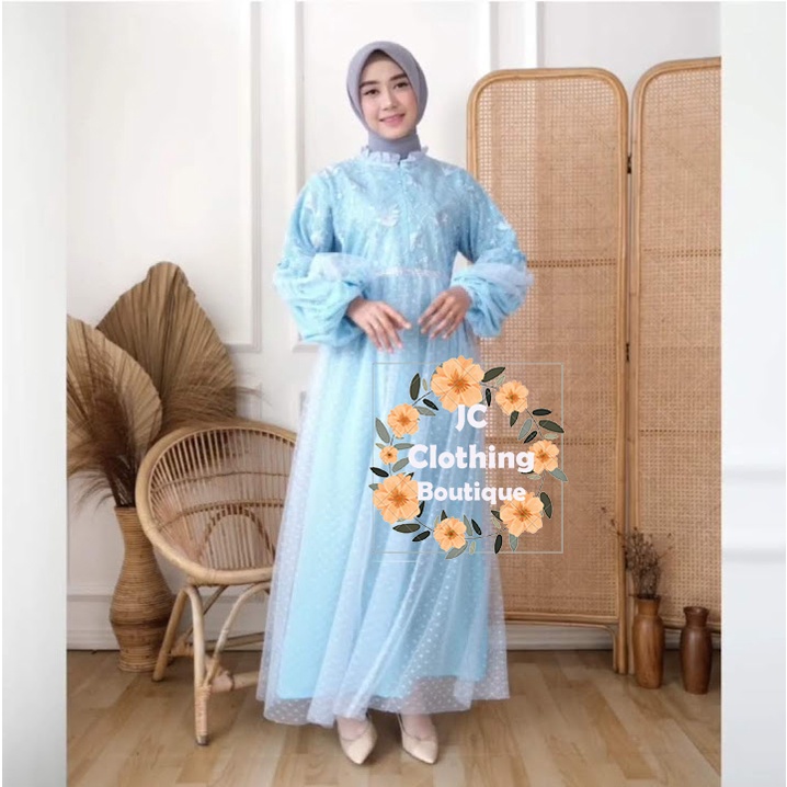 gamis remaja kekinian 2022 model gamis terbaru lengan balon tile dot jumbo mutiara busui sleting depan