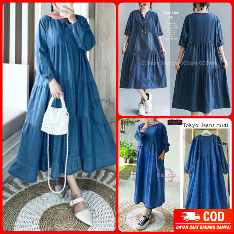 Tamstore Midi Dress Jeans Denim Lengan Panjang