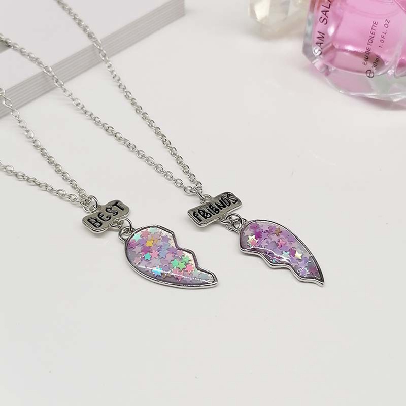 Unisex 2 Pcs BFF Necklace Womens Heart Pendant Best Friend Letter Necklace Fashion Couple Chain Necklace Men Friendship Jewelry