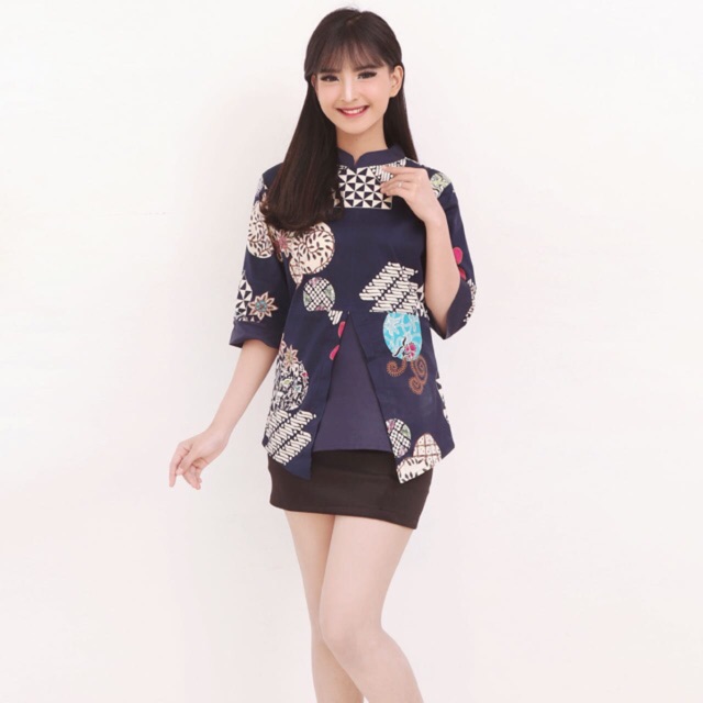 QQinian Blouse Atasan Batik Wanita Shanghai Cheongsam Biru Hitam Merah Coklat Stretch Grosir