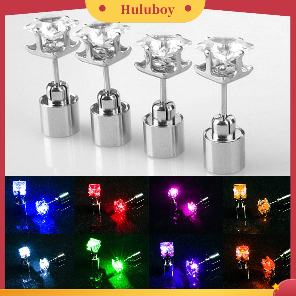 Hu Hu Hu Hu Hu Alat Bantu Pasang Kacamata♡ 1 Pc Anting Stud Cubic Zirconia LED Bentuk Persegi Luminous Untuk Wanita
