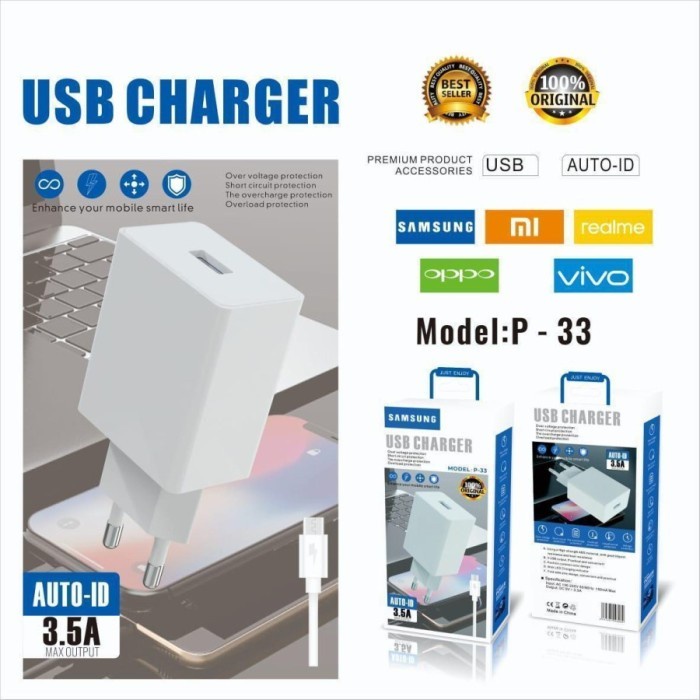 Model Baru Travel Charger Branded P-33 3.5A V8 Micro Usb Casan P33 Grosir