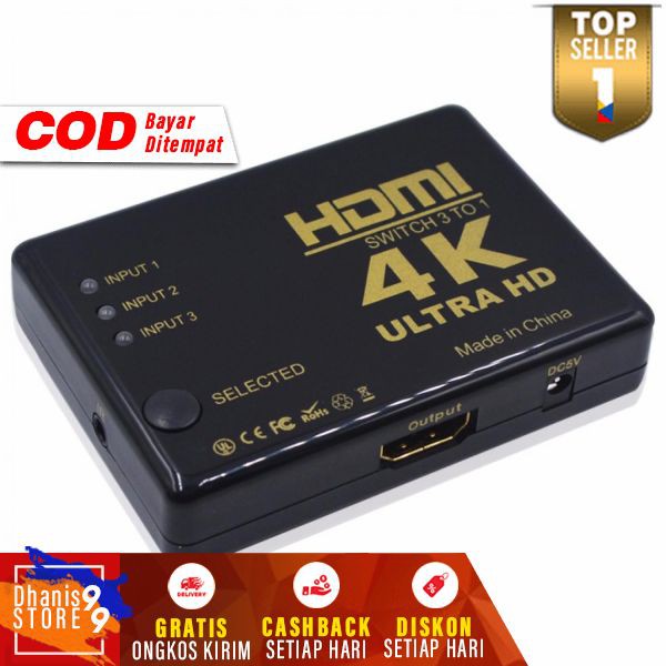 HDMI Switcher 3 Port 4K x 2K Ultra HD+Remote Control RC ke Layar Monitor Televisi