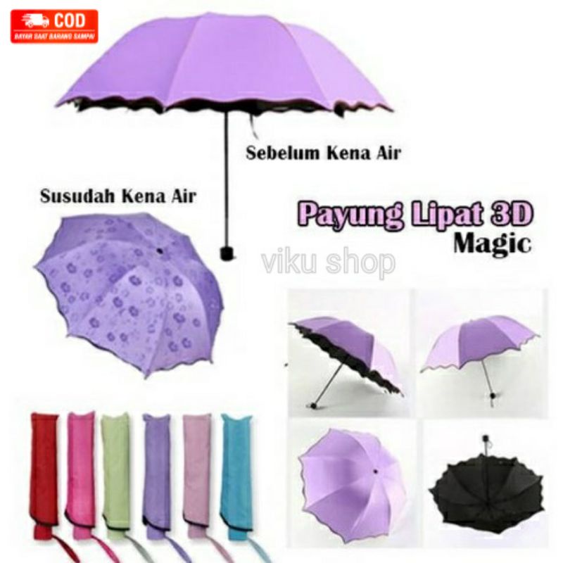 Payung Magic 3D Lipat Umbrella Anti UV Polos Warna Warni
