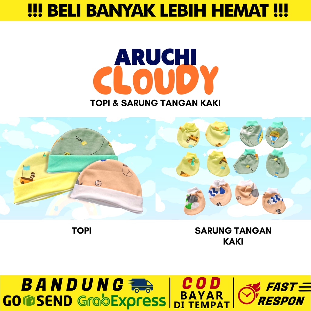 Topi dan Sarung tangan kaki (STK) newborn bayi baby Aruchi Baby MOTIF CLOUDY / LOVE BIRD / TIGER (0-