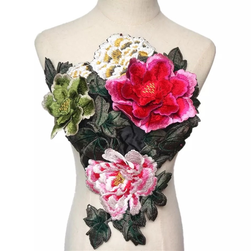 Peony FLowers Leaves 3D Embroidery