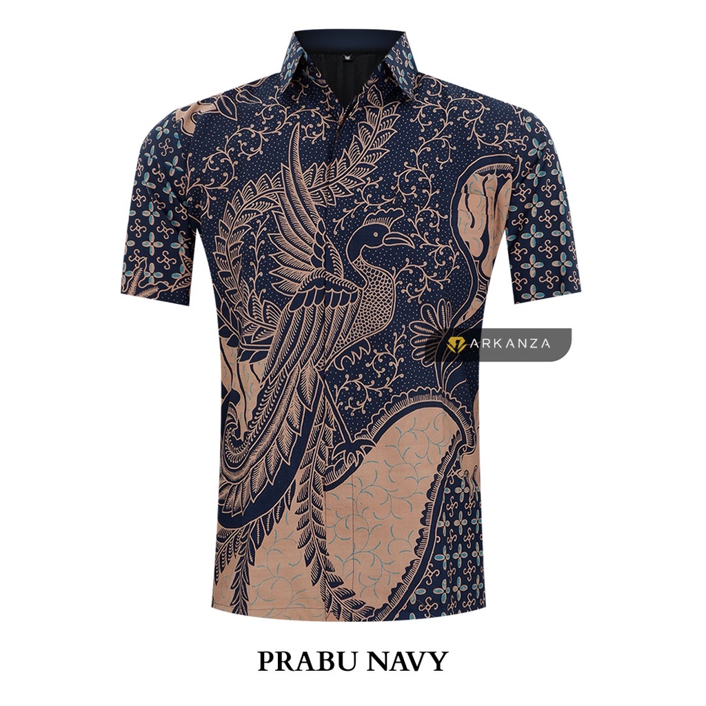 BATIK ARKANZA Motif PRABU NAVY Hem Atasan Kemeja Baju Batik Pria Cowok Laki Laki Slimfit Full Lapis Furing Lengan Panjang