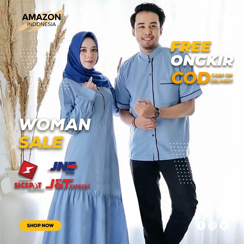 SETELAN PAKAIAN COUPLE PRIA DAN WANITA GAMIS KOKO STYLE CASUAL WARNA BIRU BAHAN KATUN DENIM ORIGINAL