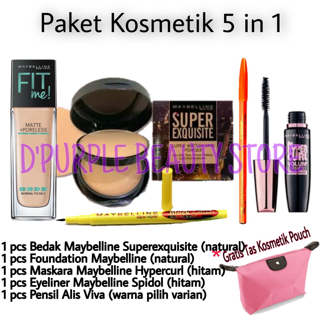 Paket Kosmetik Maybelline Lengkap Murah 5 in 1-Bedak -Foundation -Maskara -Eyeliner -Pensil Alis