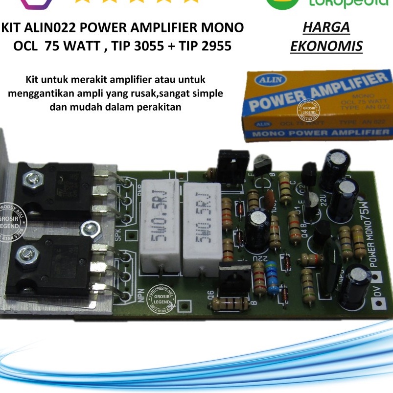 Jual Kit power amplifier mono ocl 75 watt Alin 022 Tip 3055 + Tip 2955
