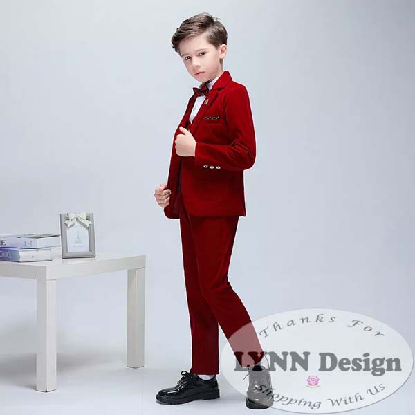 2- 10 tahun PREMIUM Setelan jas anak tuxedo 5 in 1 Maroon Merah