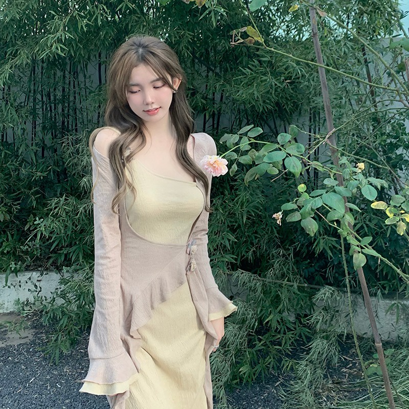 midi dress korea fake two piece long sleeve dress sexy small fragrance skirt women
