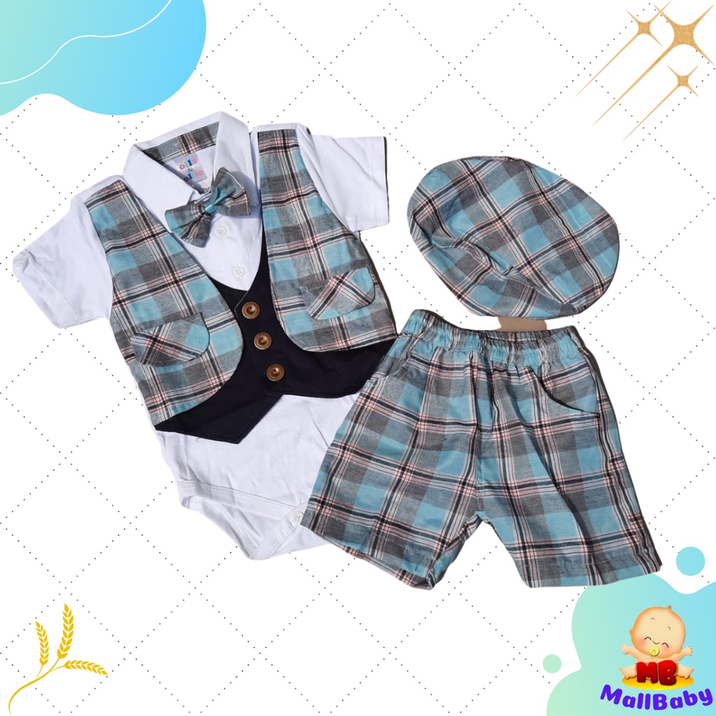 Setelan Jumper Bayi Dasi Laki Laki Baju Bayi Rompi Dasi Tuxedo Set Topi Oliver