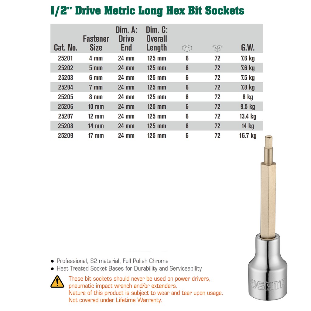 SATA Tools 25203 Deep Metric Long Hex Bit Sockets [1/2 Inch/ 6 mm]