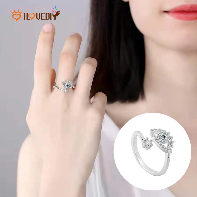 Cincin Model Terbuka Adjustable Desain Mata Iblis Aksen Kristal Gaya Vintage Untuk Wanita