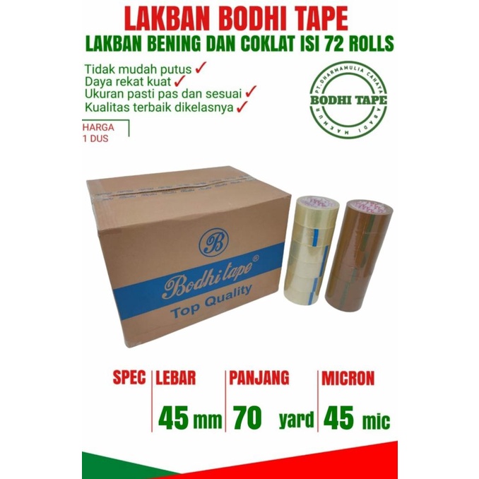

LAKBAN BENING COKLAT BODHI TAPE UKURAN 45MM X 70YARD 1 DUS GOJEK/GRAB