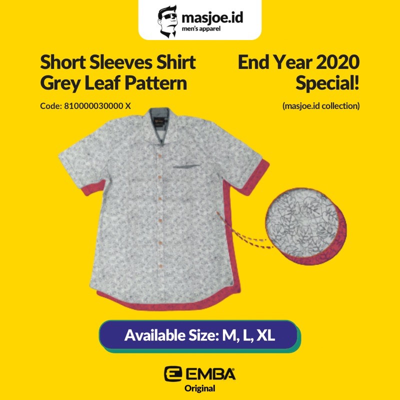 Kemeja Pria Casual EMBA Original - Short Sleeves Shirt Grey Leaf Pattern