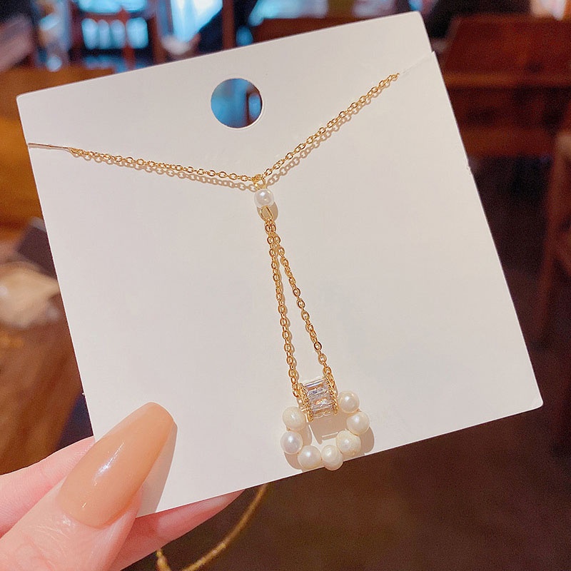Kalung Choker Bahan Titanium Aksen Mutiara Zirkon Untuk Wanita