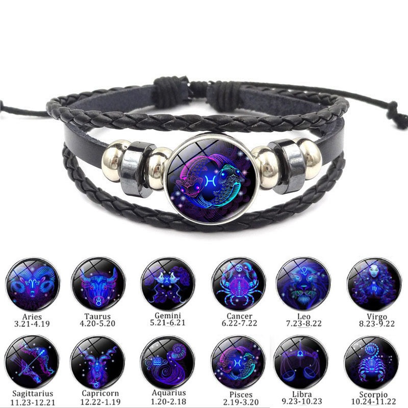 Gelang Tangan Kulit Kepang adjustable Motif 12 Rasi Bintang luminous Untuk Pria / Wanita