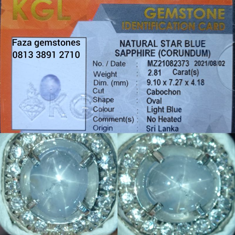 Star Blue Sapphire No Heated Srilanka~2.81ct ~Memo KGL~ star tajam dan mayung