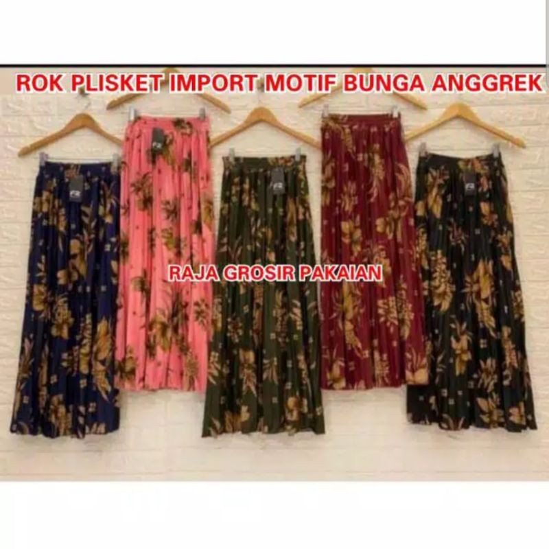 Rok Plisket Import Motif Bunga Anggrek