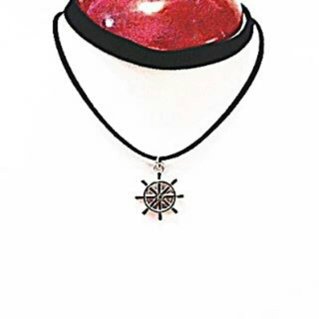 Double Silver Big Ship's Wheel Velvet Choker Necklace | Kalung Handmade Premium Collection