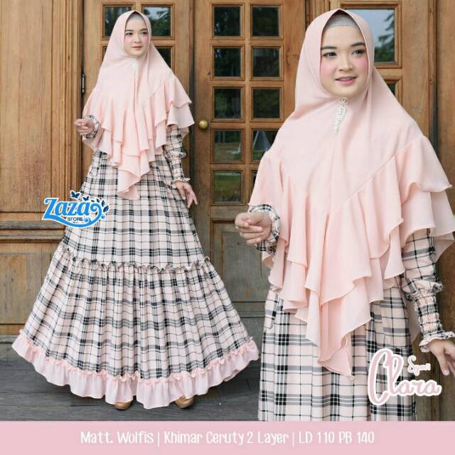 Gamis syari set jilbab layer gamis syari burberi gamis kotak kotak Clara Syari by Zaza