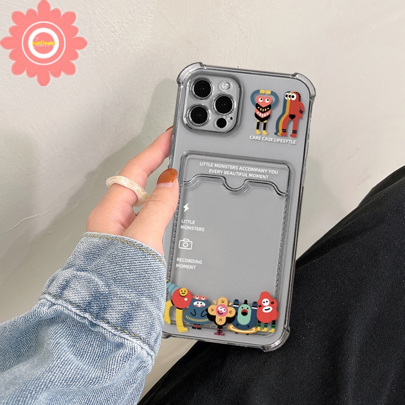 Soft Case Tpu Transparan Shockproof Motif Monster Kecil Holder Kartu Untuk Iphone 7 8 Plus 6 6s 11 12 13 Pro Max Xr X Se 2020 Xs Max