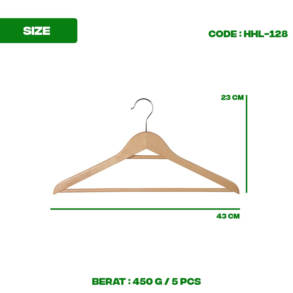 HOPA GANTUNGAN BAJU set isi 5 pcs - Hanger kayu (Wood) warna Natural / Gantungan baju - HHL-128