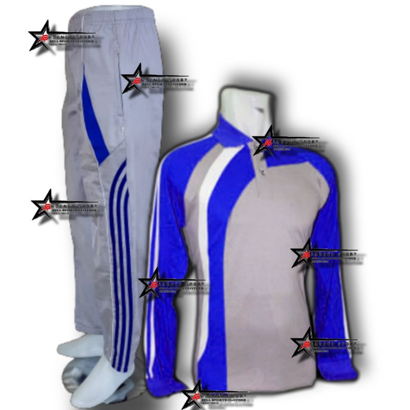 Setelan Kaos Olahraga | Stelan baju Olahraga Lengan Panjang-Abu biru benhur