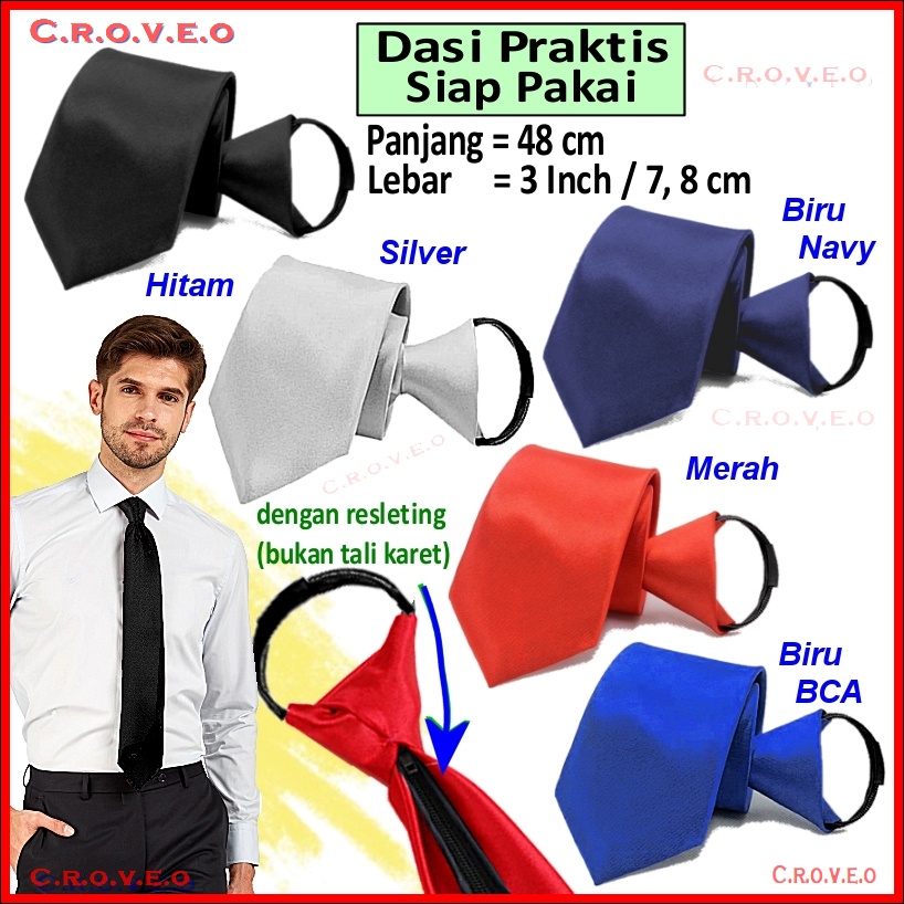 Dasi Pria Instan Siap Pakai Resleting Slim Polos 3 Inch Langsung Otomatis Kantor Ospek 3inch 8 cm Cowok Wisuda Kerja Hitam Formal Merah Biru Velcro kretekan Praktis Jadi Warna tie Perekat Restleting Sleting Ikat Sendiri Pesta Sekolah Silver Impor Murah cm