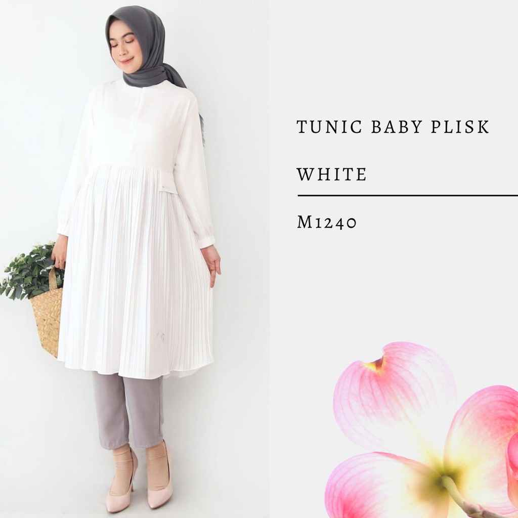 BUSUI FRIENDLY TUNIK PANJANG POLOS PUTIH ZIPPER DEPAN BLOUSE KERJA PLISKET PLISK M1240