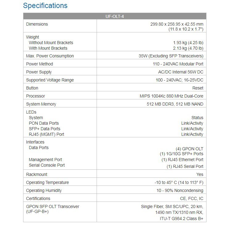 Ubiquiti UF-OLT-4 Unifi Fiber Optical Line Terminal 4Port GPON