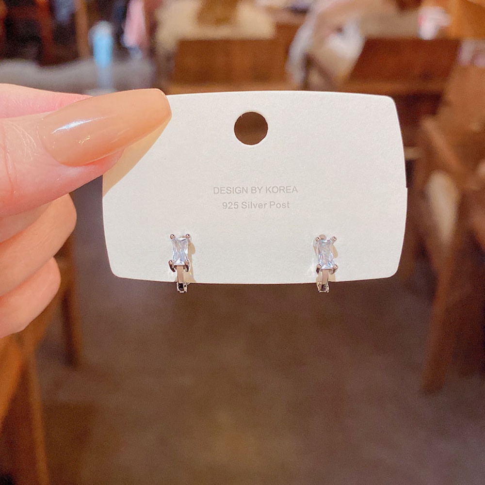 Korea Gaya Sederhana Hoop Klip Anting Elegan Wanita Fashion Perhiasan S925 Sterling Perak Persegi Panjang Zirkon Earrings